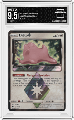 Ditto from the 2018 Pokemon S&M  set graded by Arena Club and given an overall grade of 9.5.