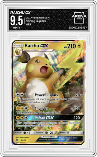 Raichu GX from the 2017 Pokemon S&M set graded by Arena Club and given an overall grade of 9.5.