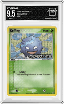Koffing from the 2005 Pokemon EX set graded by Arena Club and given an overall grade of 9.5.