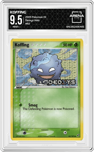 Koffing from the 2005 Pokemon EX set graded by Arena Club and given an overall grade of 9.5.