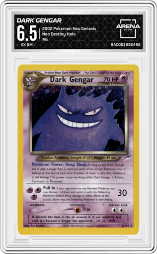 Dark Gengar from the 2002 Pokemon Neo Genesis set graded by Arena Club and given an overall grade of 6.5.
