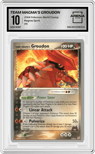 Team Magma's Groudon from the 2004 Pokemon World Championship set featuring a Magma Spirit parallel graded by Arena Club and given an overall grade of 10.