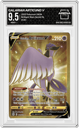 Galarian Articuno V from the 2022 Pokemon SWSH set graded by Arena Club and given an overall grade of 9.5.