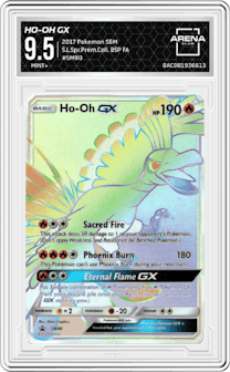Ho-Oh GX from the 2017 Pokemon S&M set featuring a Shining Legends Super Premium Collection parallel graded by Arena Club and given an overall grade of 9.5.