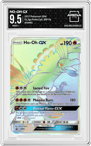 Ho-Oh GX from the 2017 Pokemon S&M set featuring a Shining Legends Super Premium Collection parallel graded by Arena Club and given an overall grade of 9.5.