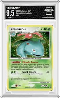 Venusaur from the 2007 Pokemon D&P set graded by Arena Club and given an overall grade of 9.5.