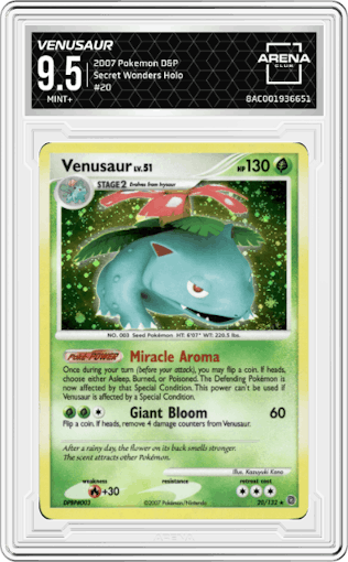 Venusaur from the 2007 Pokemon D&P set graded by Arena Club and given an overall grade of 9.5.
