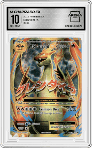 M Charizard EX from the 2016 Pokemon XY set graded by Arena Club and given an overall grade of 10.