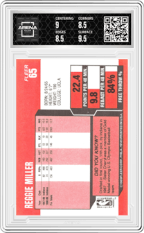 Reggie Miller  from the 1989-90 Fleer set graded by Arena Club and given an overall grade of 9.