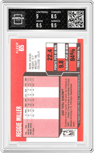 Reggie Miller  from the 1989-90 Fleer set graded by Arena Club and given an overall grade of 9.