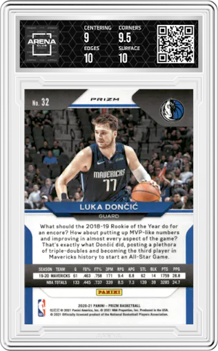 Luka Doncic from the 2020-21 Panini Prizm set featuring a Pink Ice parallel graded by Arena Club and given an overall grade of 9.5.