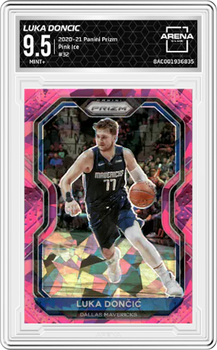 Luka Doncic from the 2020-21 Panini Prizm set featuring a Pink Ice parallel graded by Arena Club and given an overall grade of 9.5.