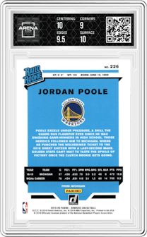 Jordan Poole from the 2019-20 Panini Donruss set graded by Arena Club and given an overall grade of 9.5.
