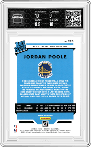 Jordan Poole from the 2019-20 Panini Donruss set graded by Arena Club and given an overall grade of 9.5.