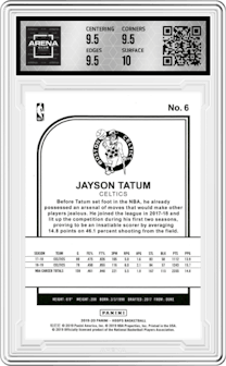 Jayson Tatum from the 2019-20 Panini NBA Hoops set featuring a Teal Explosion parallel graded by Arena Club and given an overall grade of 10.