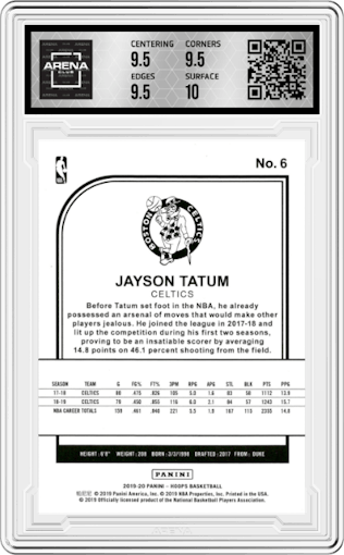 Jayson Tatum from the 2019-20 Panini NBA Hoops set featuring a Teal Explosion parallel graded by Arena Club and given an overall grade of 10.