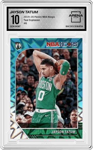 Jayson Tatum from the 2019-20 Panini NBA Hoops set featuring a Teal Explosion parallel graded by Arena Club and given an overall grade of 10.