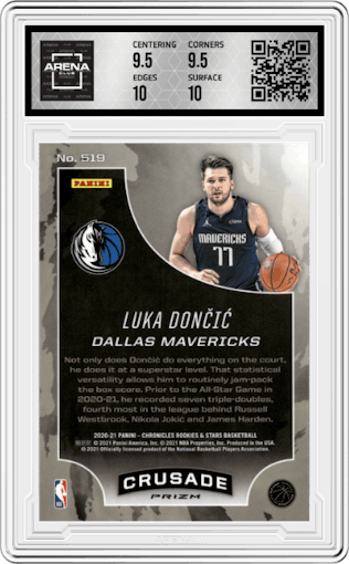 Luka Doncic from the 2020-21 Panini Chronicles set featuring a Silver parallel graded by Arena Club and given an overall grade of 10.