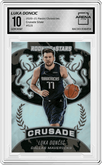 Luka Doncic from the 2020-21 Panini Chronicles set featuring a Silver parallel graded by Arena Club and given an overall grade of 10.