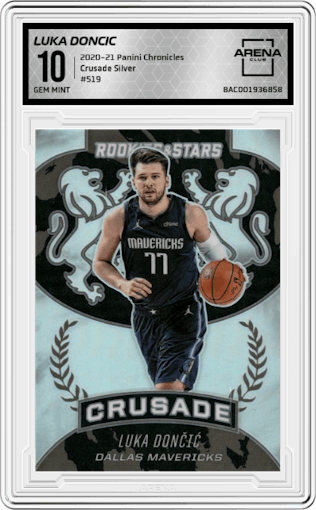 Luka Doncic from the 2020-21 Panini Chronicles set featuring a Silver parallel graded by Arena Club and given an overall grade of 10.
