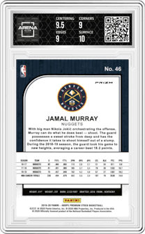 Jamal Murray from the 2019-20 Panini Hoops Premium Stock set featuring a Purple Disco parallel graded by Arena Club and given an overall grade of 9.5.