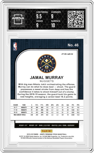 Jamal Murray from the 2019-20 Panini Hoops Premium Stock set featuring a Purple Disco parallel graded by Arena Club and given an overall grade of 9.5.