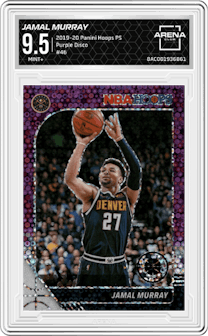 Jamal Murray from the 2019-20 Panini Hoops Premium Stock set featuring a Purple Disco parallel graded by Arena Club and given an overall grade of 9.5.