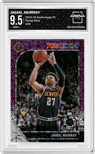 Jamal Murray from the 2019-20 Panini Hoops Premium Stock set featuring a Purple Disco parallel graded by Arena Club and given an overall grade of 9.5.