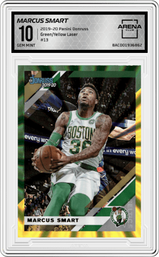 Marcus Smart from the 2019-20 Panini Donruss set featuring a Green/Yellow Laser parallel graded by Arena Club and given an overall grade of 10.