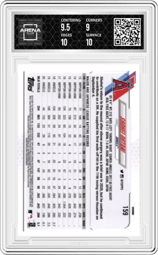 Shohei Ohtani from the 2021 Topps Chrome set featuring a Pink Refractor  parallel graded by Arena Club and given an overall grade of 9.5.