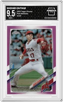 Shohei Ohtani from the 2021 Topps Chrome set featuring a Pink Refractor  parallel graded by Arena Club and given an overall grade of 9.5.