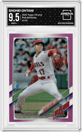 Shohei Ohtani from the 2021 Topps Chrome set featuring a Pink Refractor  parallel graded by Arena Club and given an overall grade of 9.5.
