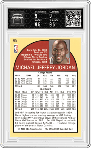 Michael Jordan from the 1990-91 NBA Hoops set graded by Arena Club and given an overall grade of 9.5.