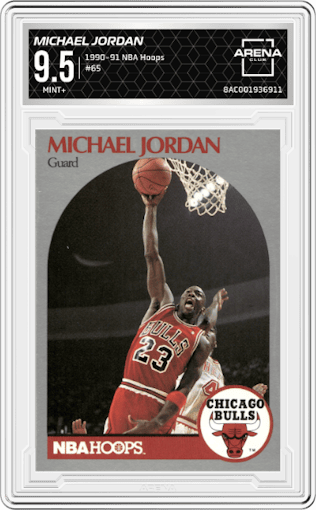 Michael Jordan from the 1990-91 NBA Hoops set graded by Arena Club and given an overall grade of 9.5.