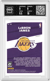 LeBron James from the 2019-20 Panini Donruss Optic set featuring a Purple parallel graded by Arena Club and given an overall grade of 9.5.
