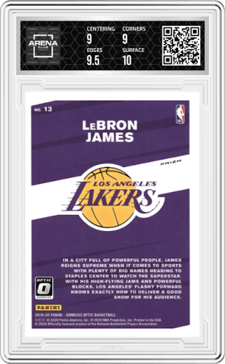 LeBron James from the 2019-20 Panini Donruss Optic set featuring a Purple parallel graded by Arena Club and given an overall grade of 9.5.