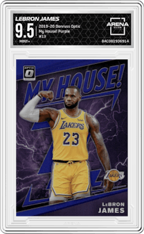 LeBron James from the 2019-20 Panini Donruss Optic set featuring a Purple parallel graded by Arena Club and given an overall grade of 9.5.