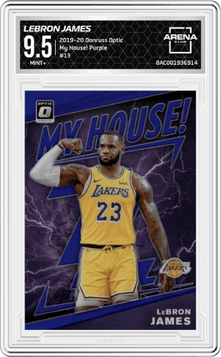 LeBron James from the 2019-20 Panini Donruss Optic set featuring a Purple parallel graded by Arena Club and given an overall grade of 9.5.