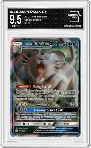 Alolan Persian GX from the 2019 Pokemon S&M  set graded by Arena Club and given an overall grade of 9.5.