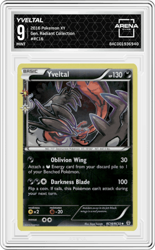 Yveltal from the 2016 Pokemon XY set graded by Arena Club and given an overall grade of 9.