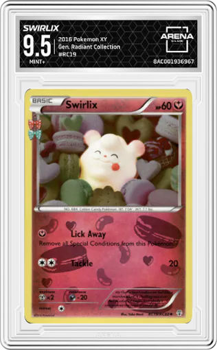 Swirlix from the 2016 Pokemon XY set graded by Arena Club and given an overall grade of 9.5.