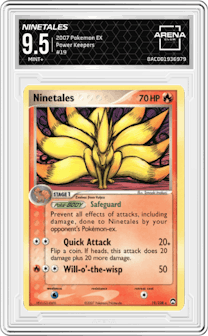 Ninetales from the 2007 Pokemon EX set graded by Arena Club and given an overall grade of 9.5.