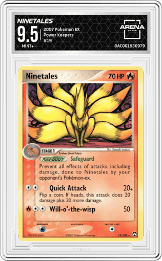 Ninetales from the 2007 Pokemon EX set graded by Arena Club and given an overall grade of 9.5.