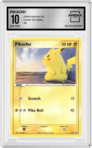 Pikachu from the 2004 Pokemon EX set featuring a Latios parallel graded by Arena Club and given an overall grade of 10.