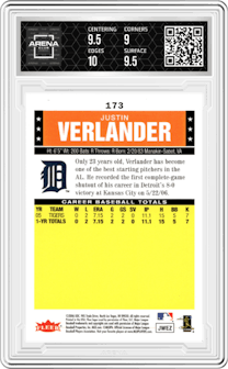 Justin Verlander from the 2006 Fleer Tradition set graded by Arena Club and given an overall grade of 9.5.