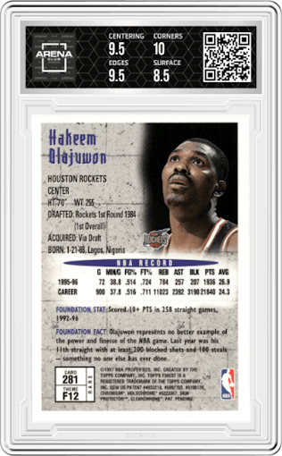 Hakeem Olajuwon from the 1996-97 Topps Finest set graded by Arena Club and given an overall grade of 9.