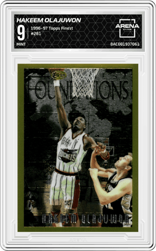 Hakeem Olajuwon from the 1996-97 Topps Finest set graded by Arena Club and given an overall grade of 9.