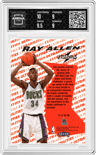 Ray Allen from the 1997-98 Fleer Ultra set featuring a All-Star parallel graded by Arena Club and given an overall grade of 9.5.