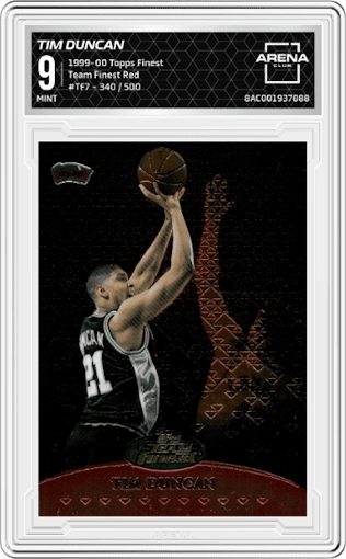 Tim Duncan from the 1999-00 Topps Finest set featuring a Red parallel graded by Arena Club and given an overall grade of 9.