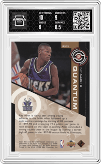 Ray Allen from the 1998-99 Upper Deck  set featuring a Quantum Bronze parallel graded by Arena Club and given an overall grade of 9.
